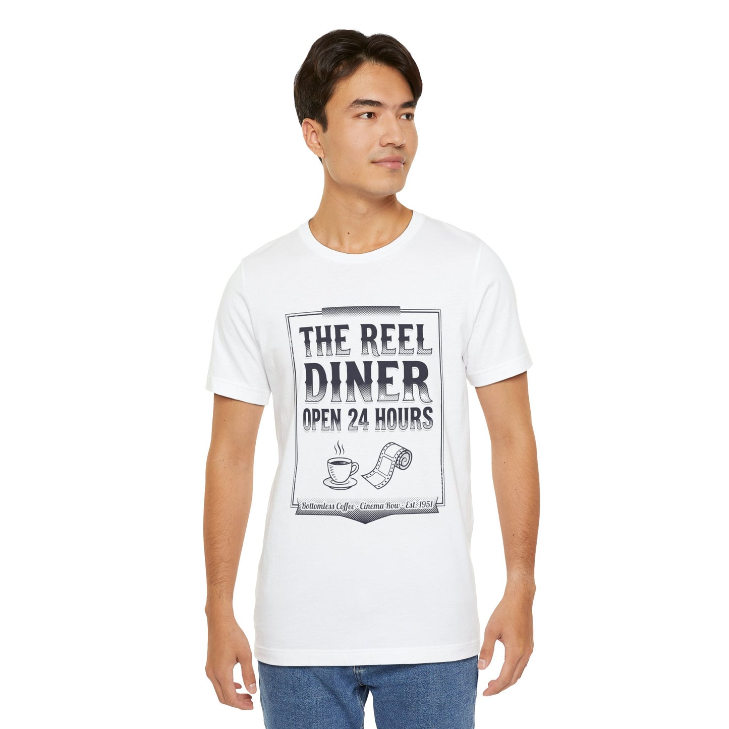 Diner Graphic Tee — "The Reel Diner Open 24 Hours" Vintage Coffee & Film Shirt