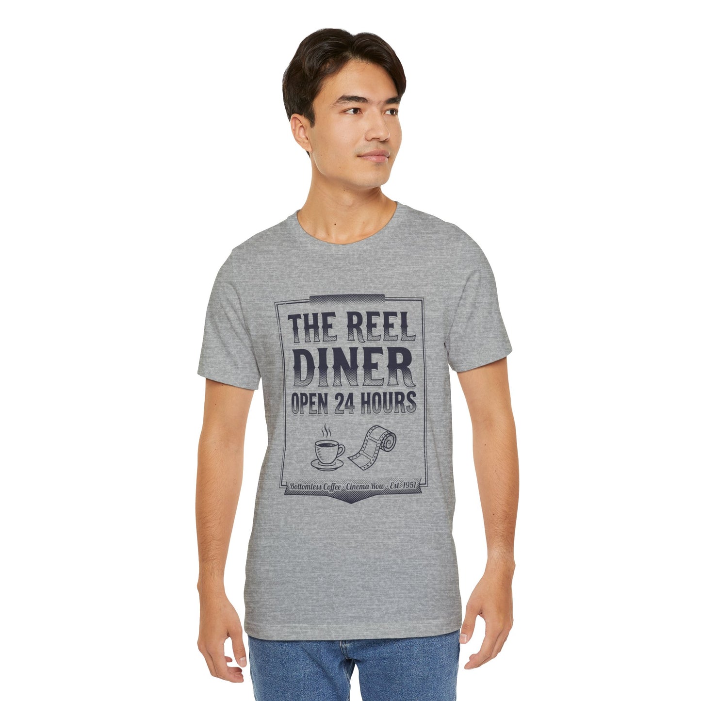 Diner Graphic Tee — "The Reel Diner Open 24 Hours" Vintage Coffee & Film Shirt