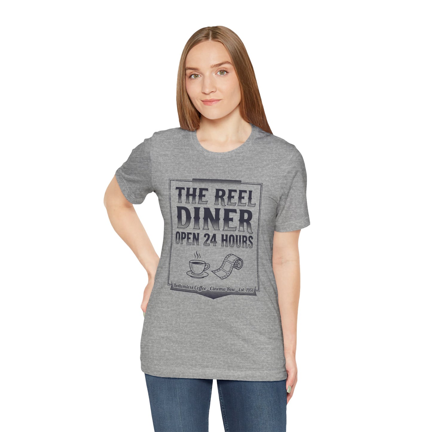 Diner Graphic Tee — "The Reel Diner Open 24 Hours" Vintage Coffee & Film Shirt