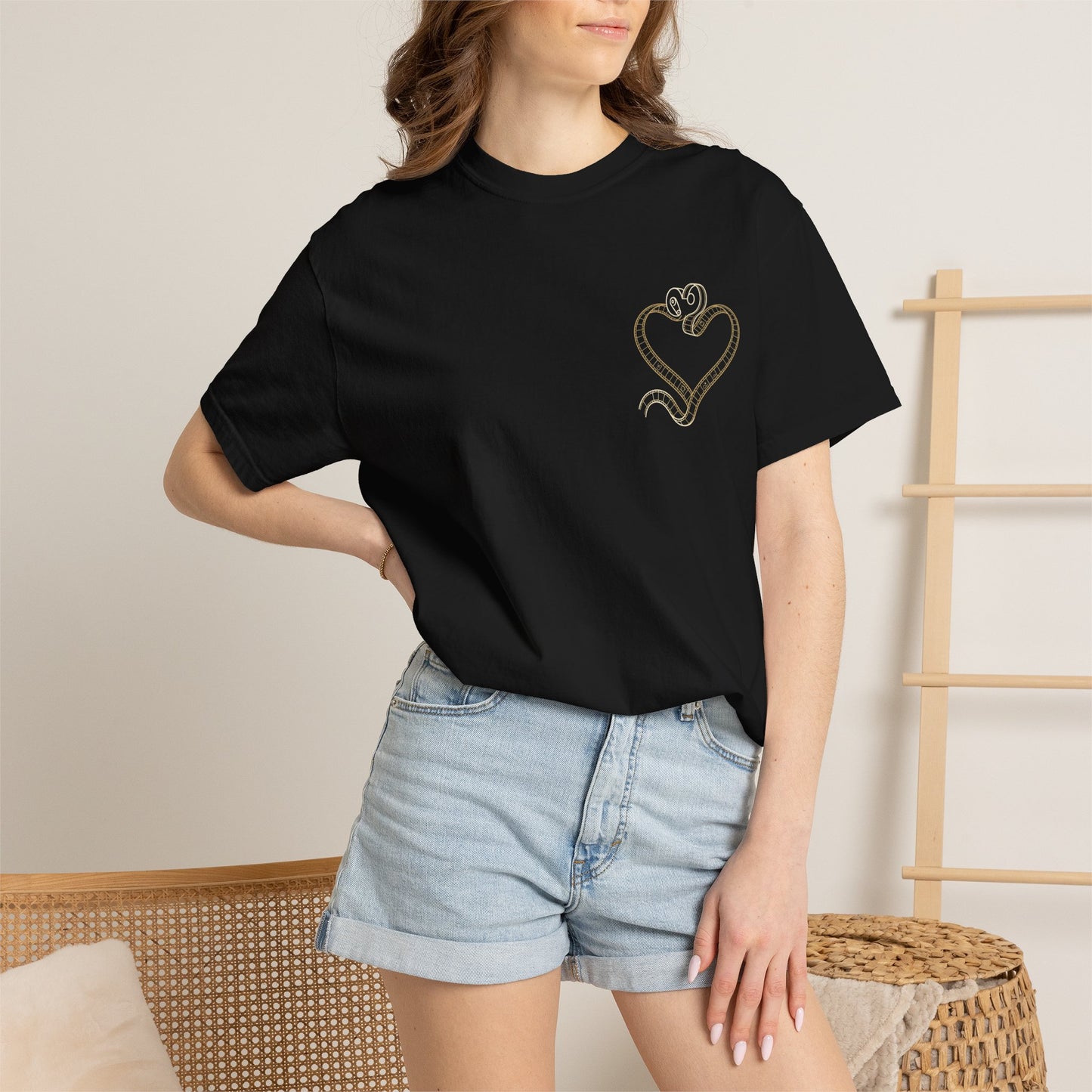 Embroidered Gold Heart T-Shirt — Minimal Chest Heart Tee