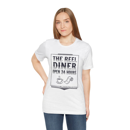 Diner Graphic Tee — "The Reel Diner Open 24 Hours" Vintage Coffee & Film Shirt