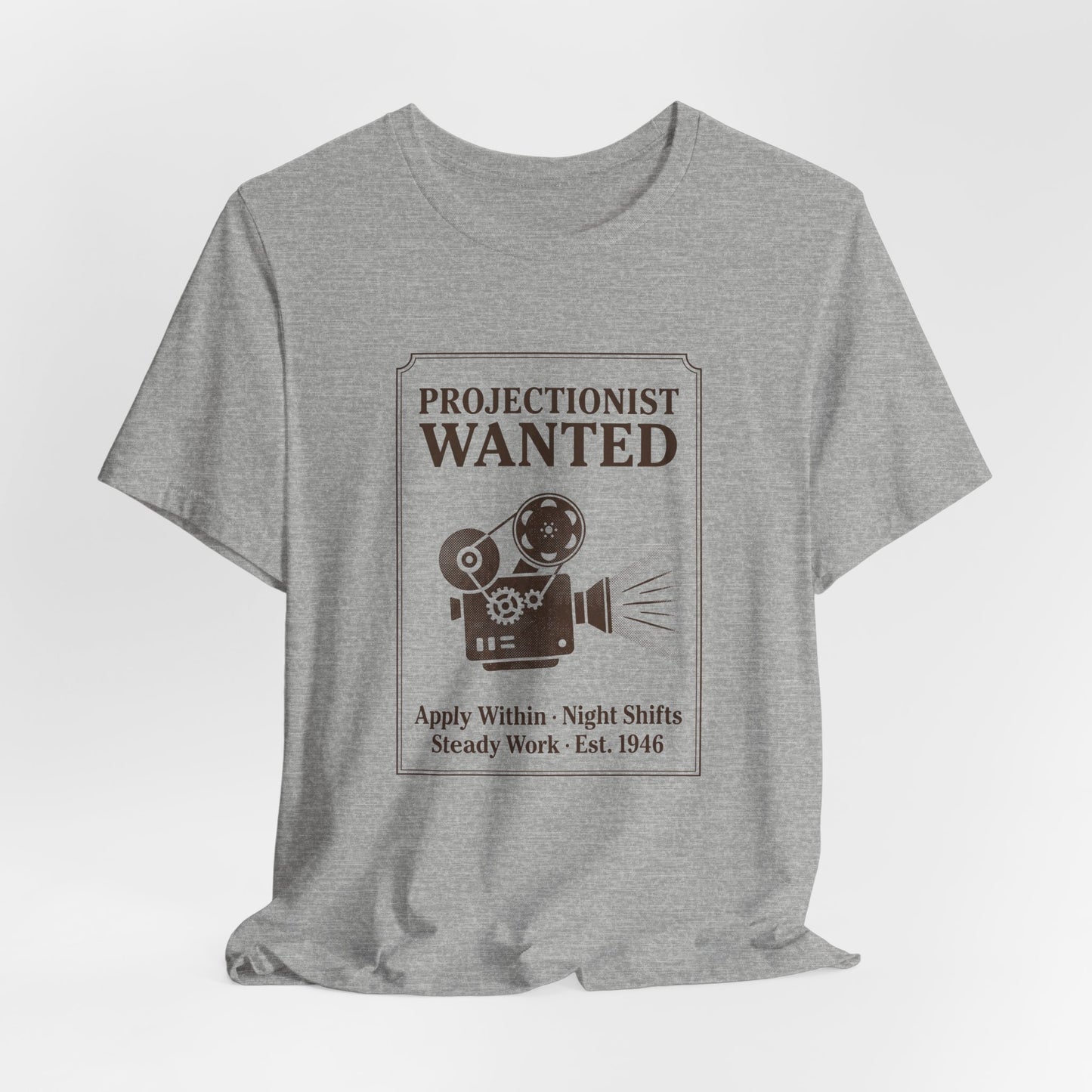 Projectionist Wanted Vintage Camera Tee — Retro Movie Crew T‑Shirt
