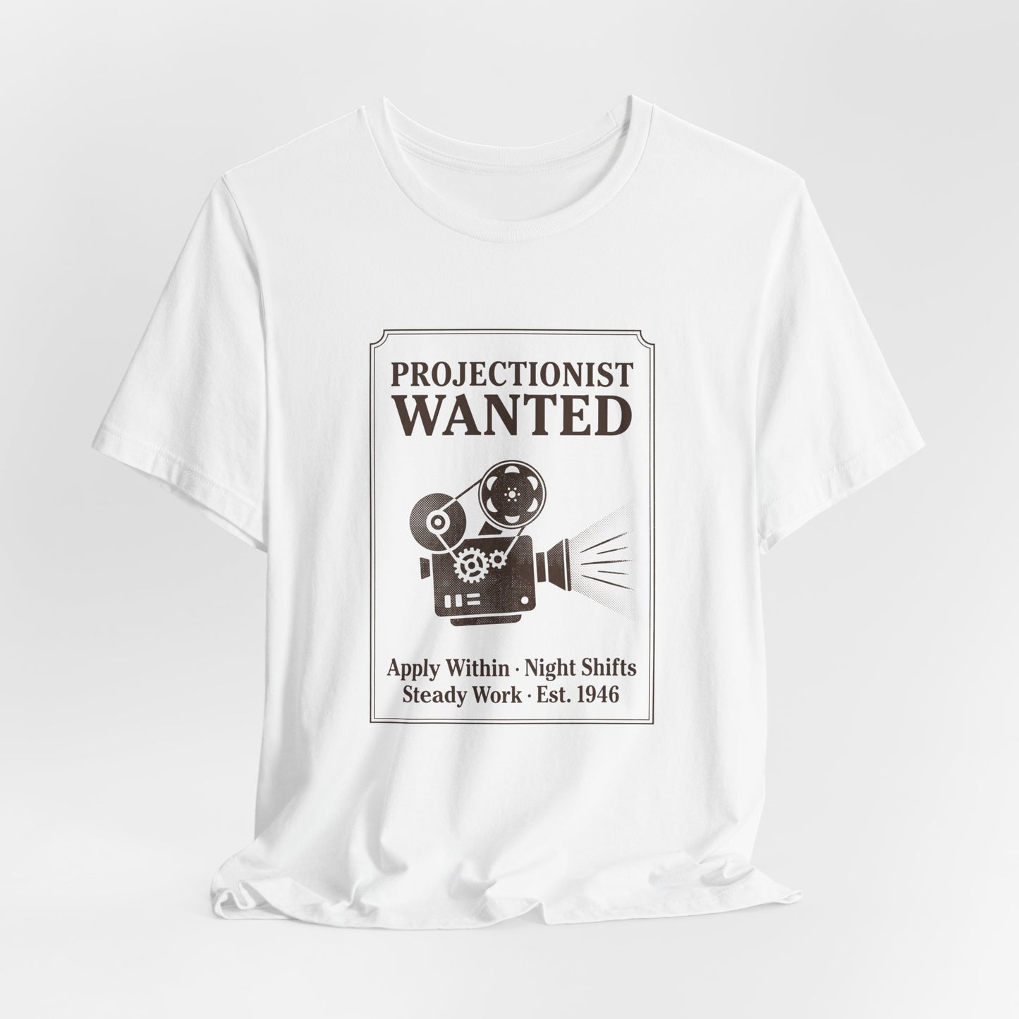 Projectionist Wanted Vintage Camera Tee — Retro Movie Crew T‑Shirt