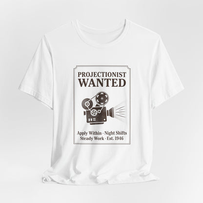 Projectionist Wanted Vintage Camera Tee — Retro Movie Crew T‑Shirt