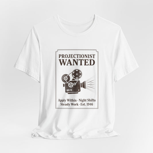 Projectionist Wanted Vintage Camera Tee — Retro Movie Crew T‑Shirt