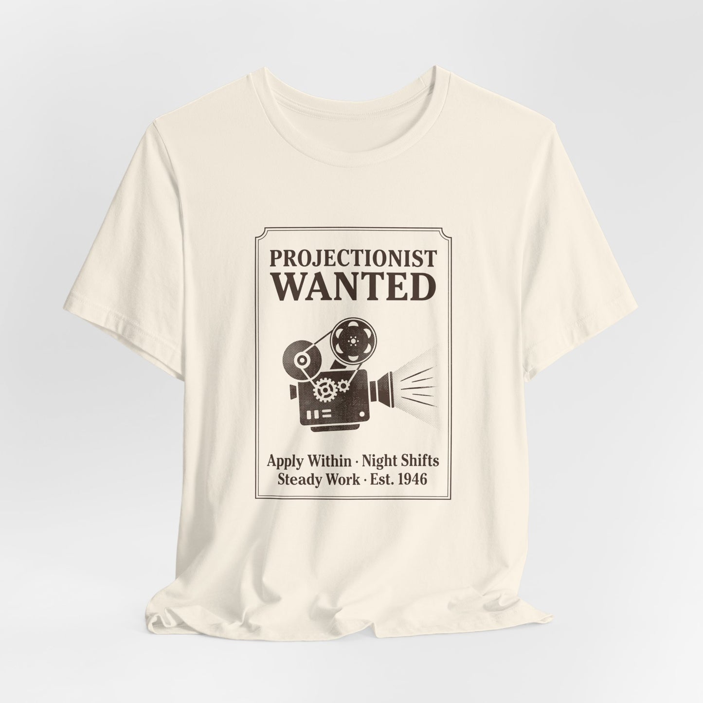 Projectionist Wanted Vintage Camera Tee — Retro Movie Crew T‑Shirt