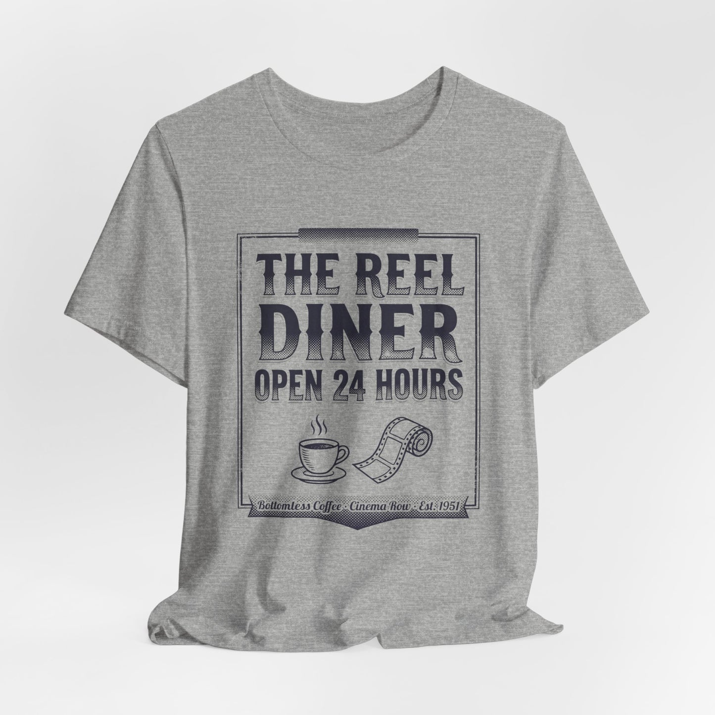 Diner Graphic Tee — "The Reel Diner Open 24 Hours" Vintage Coffee & Film Shirt