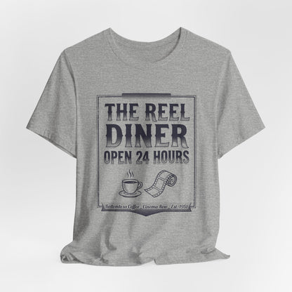 Diner Graphic Tee — "The Reel Diner Open 24 Hours" Vintage Coffee & Film Shirt