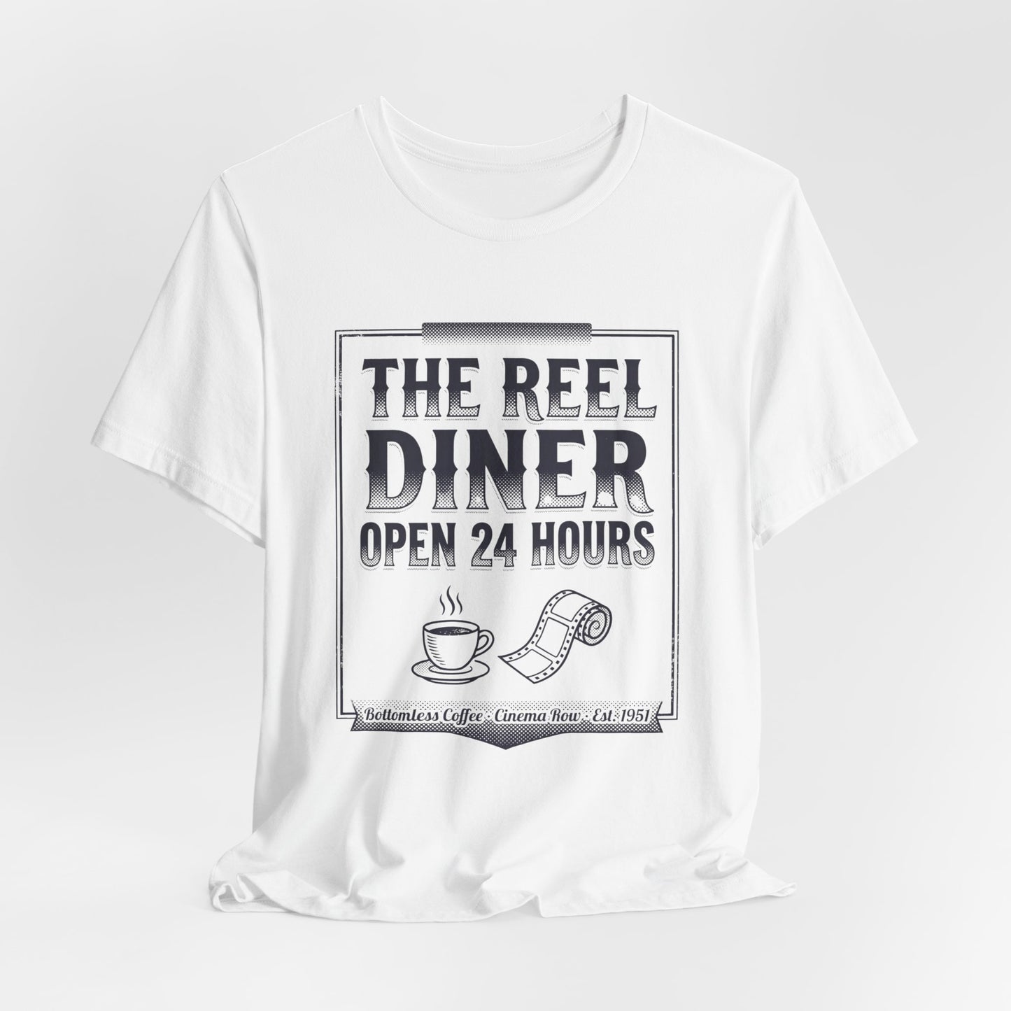 Diner Graphic Tee — "The Reel Diner Open 24 Hours" Vintage Coffee & Film Shirt