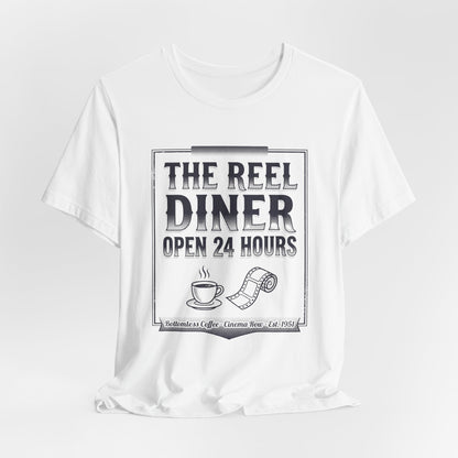 Diner Graphic Tee — "The Reel Diner Open 24 Hours" Vintage Coffee & Film Shirt