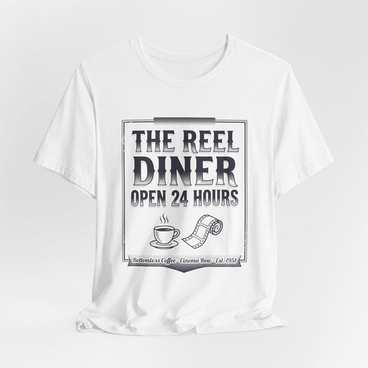Diner Graphic Tee — "The Reel Diner Open 24 Hours" Vintage Coffee & Film Shirt