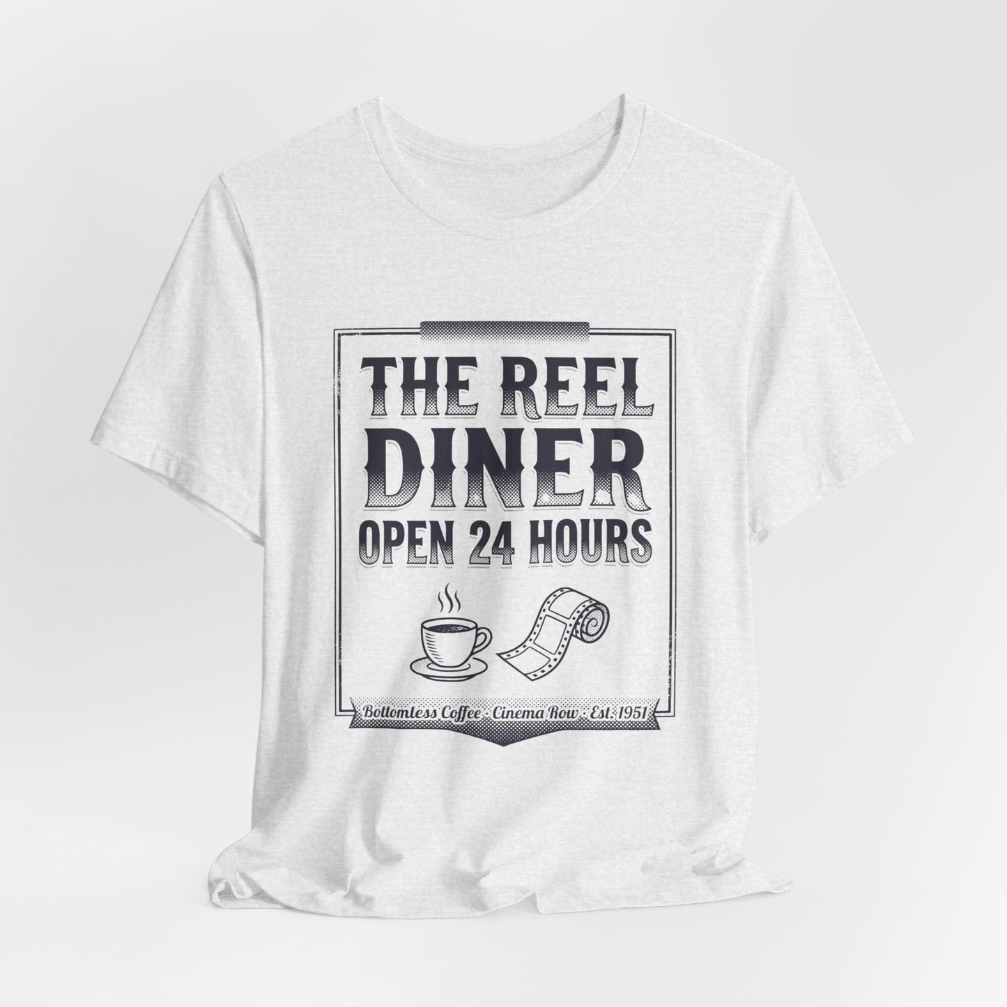 Diner Graphic Tee — "The Reel Diner Open 24 Hours" Vintage Coffee & Film Shirt