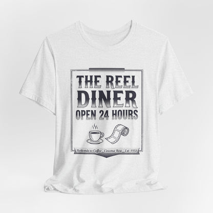 Diner Graphic Tee — "The Reel Diner Open 24 Hours" Vintage Coffee & Film Shirt