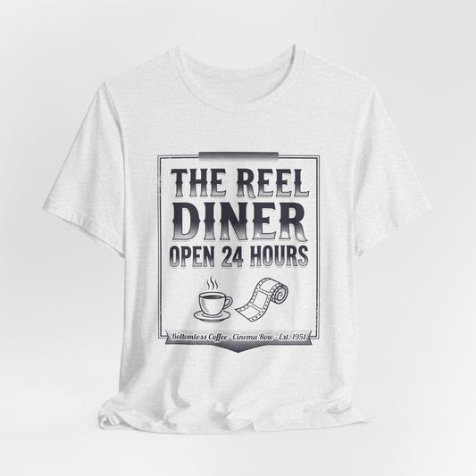 Diner Graphic Tee — "The Reel Diner Open 24 Hours" Vintage Coffee & Film Shirt