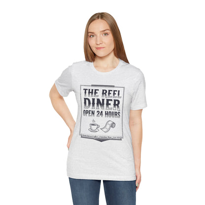 Diner Graphic Tee — "The Reel Diner Open 24 Hours" Vintage Coffee & Film Shirt