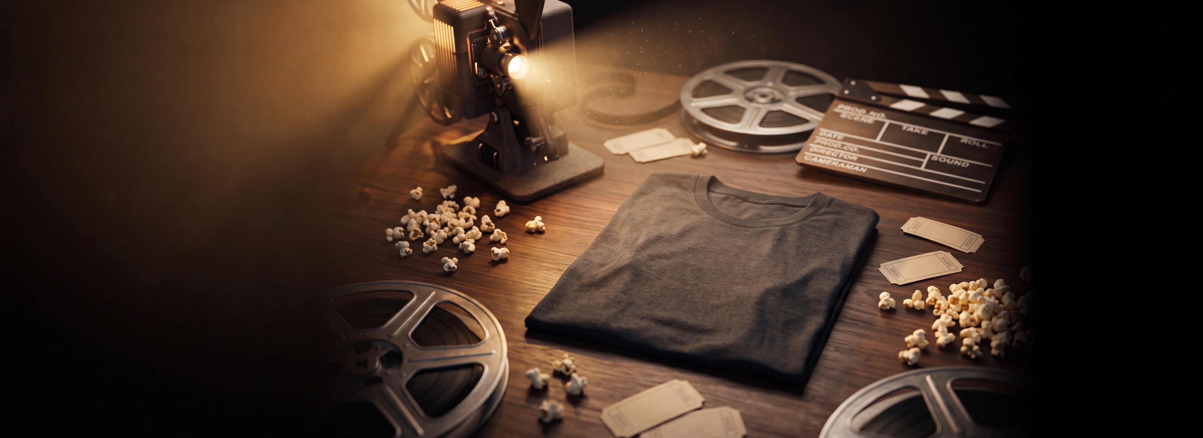 Vintage movie t-shirt with film projector, reels and popcorn on a wooden table